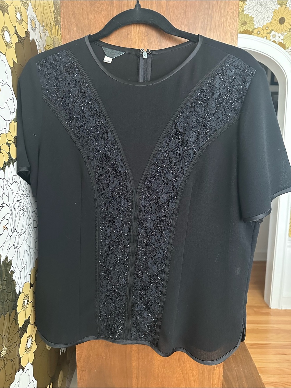 Vintage Black Short-Sleeve Blouse with Beaded Lace Panels